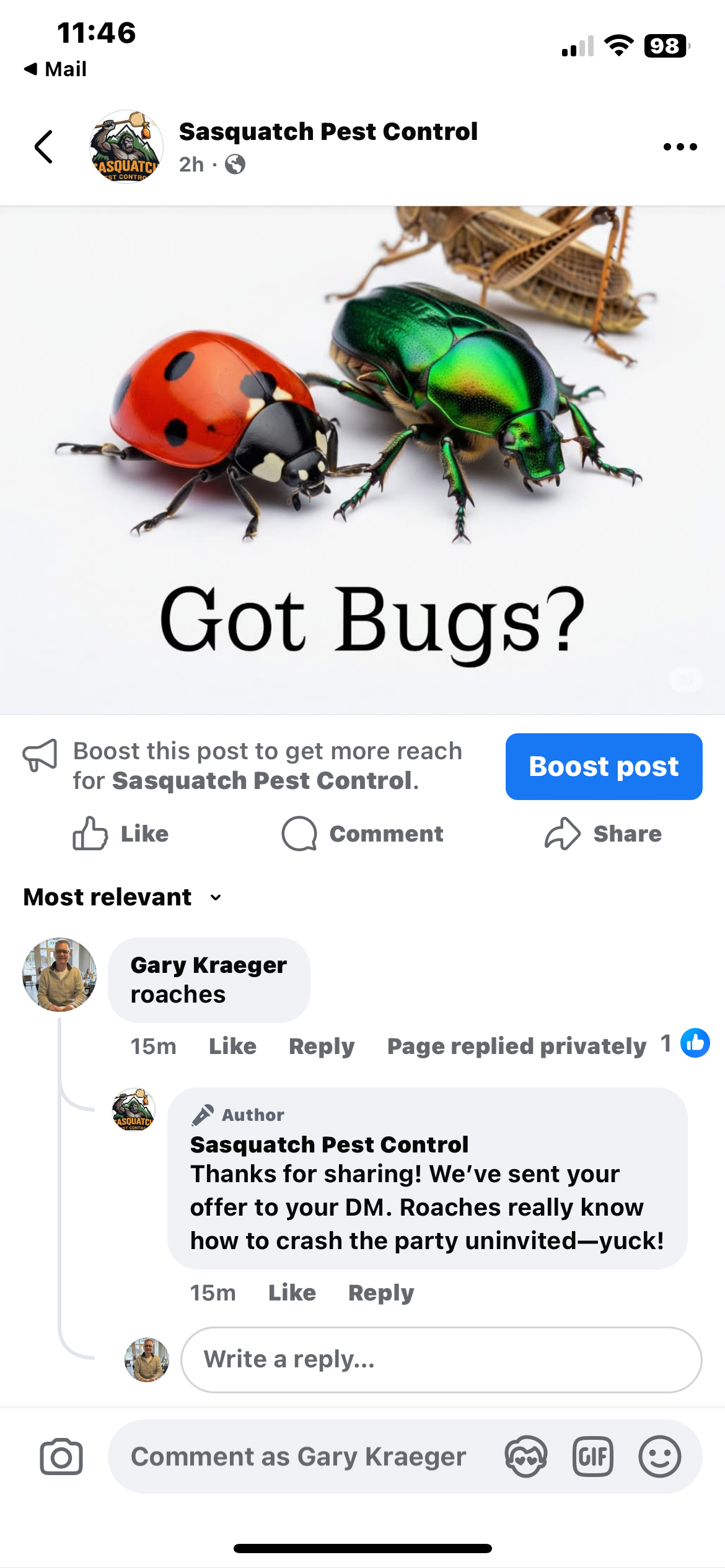 Customer comments on social media post